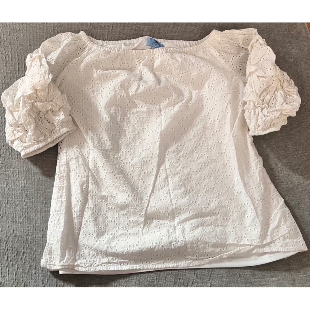 CeCe White Eyelet Puff Sleeve Off Shoulder‎ Top Women M